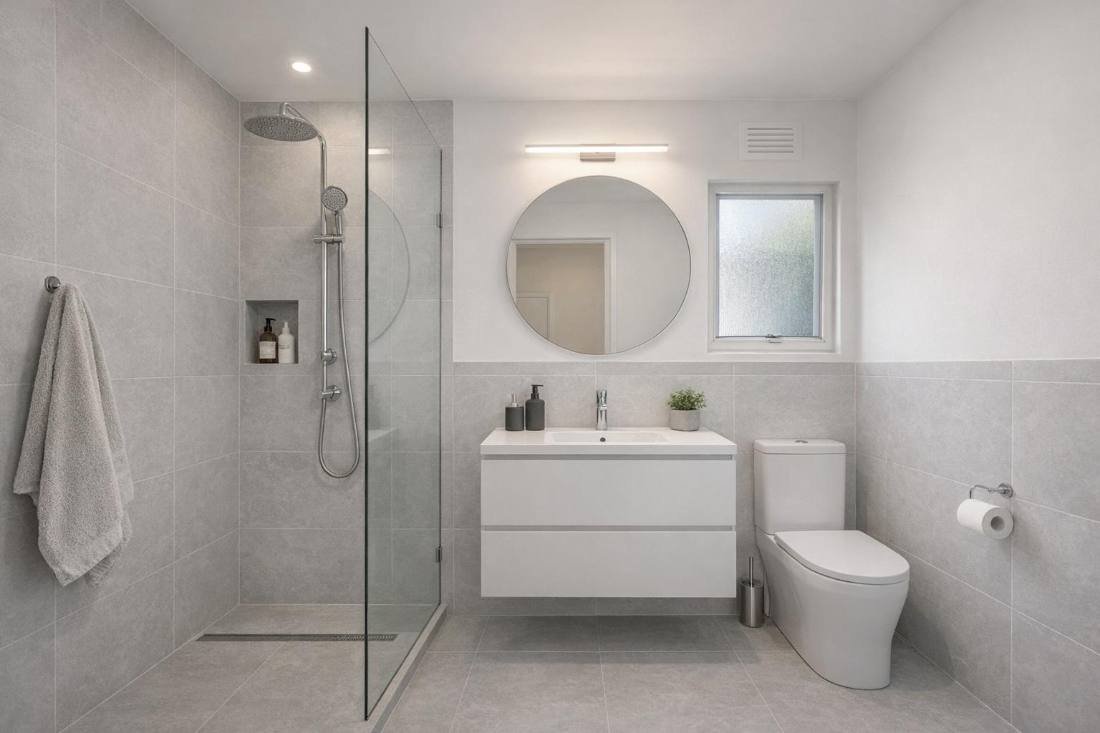 Completed bathroom renovation in Melbourne with walk-in shower and wall-hung vanity